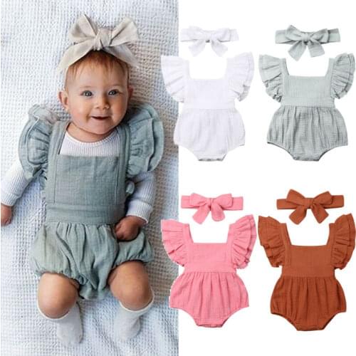 Lioraitiin New Fashion Newborn Baby Girl Boy Ruffle Romper Off Shoulder Jumpsuit Solid Cotton Headband 2PCS Clothes Sunsuit
