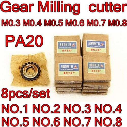 M0.3 M0.4 M0.5 M0.6 M0.7 M0.8 modulus PA20 degrees NO.1-NO.8 8pcs/set HSS Gear Milling cutter Free shipping