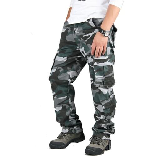 Autumn Mens Cargo Long Pants Safari Style Multi-pocket Military Camouflage Green Trousers Outdoor Casual Pants Oversized