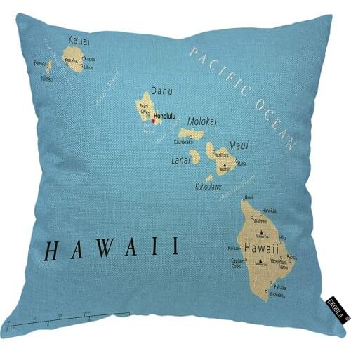 EKOBLA Hawaii Political Map Throw Pillow Cover Kauai Oahu Molokai Maui Pacific Cities and Volcanoes Cozy Square Cushion Case