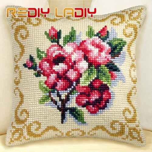 REDIY LADIY Cross Stitch Cushion Cover Pre-printed Canvas Throw Pillow Flowers Pillow Case Yarn for Embroidery Unfinished Crafts