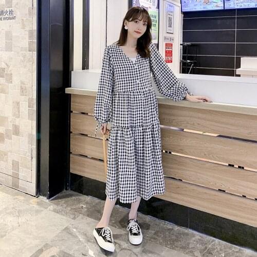 Pregnant Women Spring Autumn Dress Fashion V-neck Plaid Long Sleeve Maternity Dress Loose Pregnancy Clothes