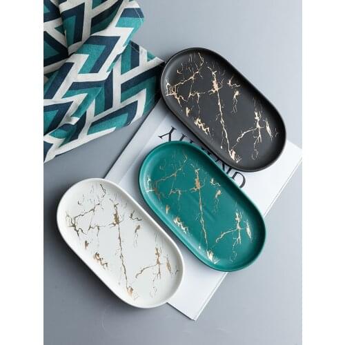 Nordic ins Jewelry Storage Tray Ceramic Marble Oval Tray Home Bathroom Cup Soap Holder Golden Wave Bath Decoration Accessories