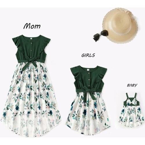 Parent-Child Baby Family Casual Clothes Outfit Patchwork Floral Print Dresses Matching Mom and Daughter Fashion Summer Dress