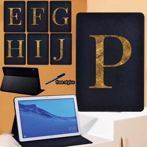 Gold Letter Tablet Case for Huawei MediaPad T3 8.0/T3 10/T5 10/M5 Lite 10.1/M5 10.8 Initial Name PU Leather Stand Fold Cover