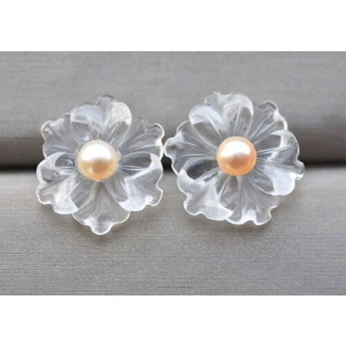S2430 Handmade Carve 17mm Natural Clean Crystal Flower Stud Earring 925SS