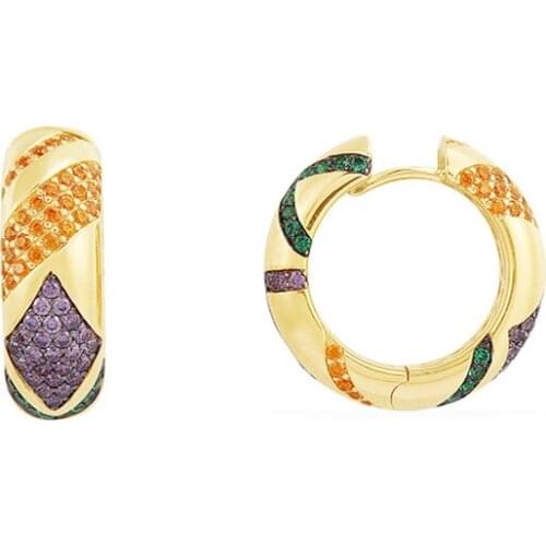 SOELLE Solid 925 Sterling Silver Yellow Gold Color Multicolor Zirconia Geometric Patterns Mana Tribal Hoop Earrings for Women