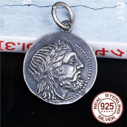 Thai silver ancient Greek Poseidon coin pendant for man 925 silver hand-made Double-sided relief silver coin man pendant Jewelry