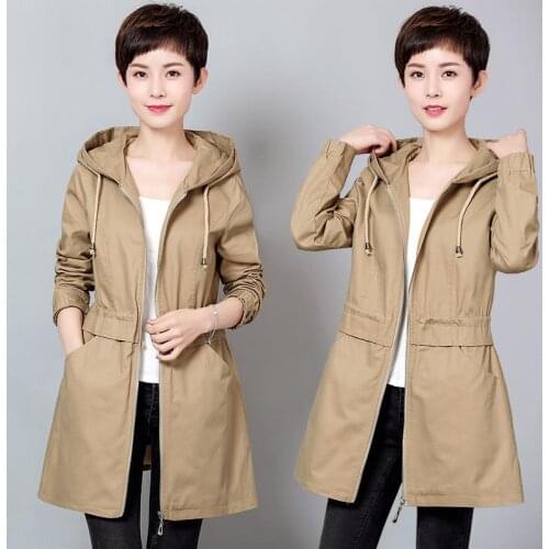 2021 Spring Autumn Womens Hooded Trench Coat Casual Slim Large size 6XL Cotton Outwear Lining Zipper Female Long Windbreaker