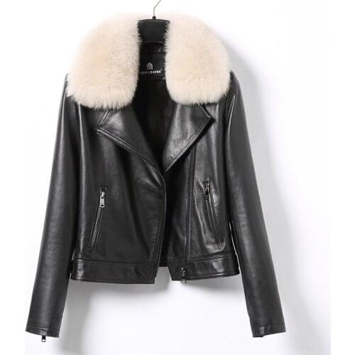 High Quality Genuine Leather Jackets Women Fox Fur Collar Real Sheepskin Coat Female Motorcycle Woman Jacket Abrigo Zjt1645