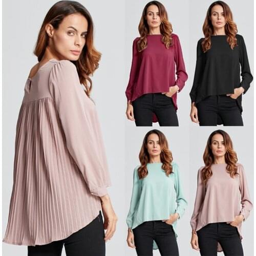 Womens Asymmetrical Tops Chiffon Blouse Pleated Blusas Female Summer Long Sleeve Shirts Chemis