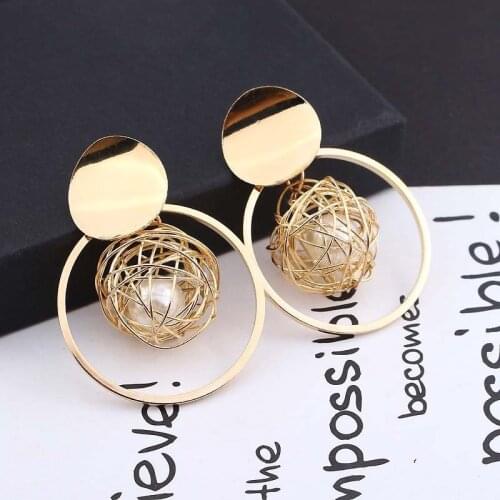 Minar Korean Hollow Twisted Ball Pendant Earrings for Women Gold Color Metal Round Circle Pearl Drop Dangle Earrings Brincos