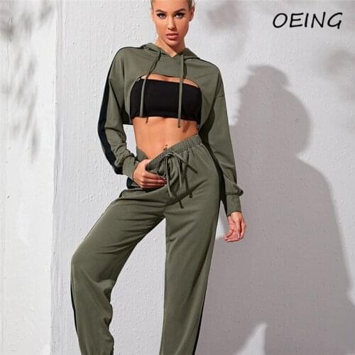 Womens Workout 2 Piece Set Spring Sport Wear Army Green Patchwork Crop Top Hoodies and Pants Exercise Track Suit
