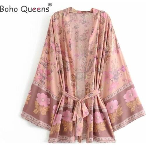 Boho Queens women floral print sashes bat sleeve beach Bohemian kimono dresses Ladies V neck Tassel Summer Boho dress vestidos