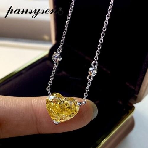 PANSYSEN Solid 925 Sterling Silver Heart Design Citrine Pink Sapphire Gemstone Pendant Necklaces Women White Gold Color Necklace