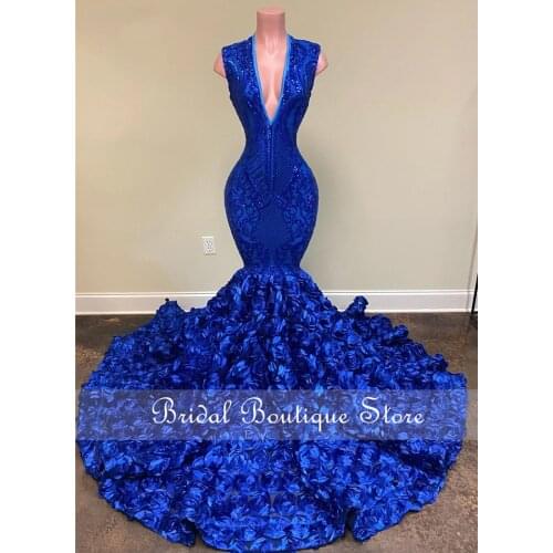 New Arrrival Long Prom Dresses 2021 V-eck Mermaid Stye 3D Flower African Women Black Girls Prom Dress