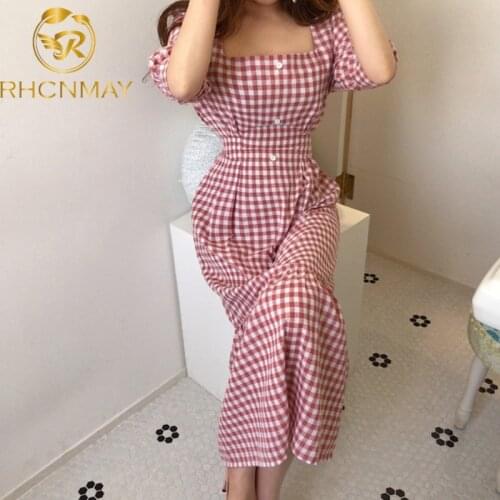 New Style High Waist Red Plaid Vintage Mermaid Dress Women Elegant Puff Sleeve Midi Holiday Clothes Korean Fashion Clothing
