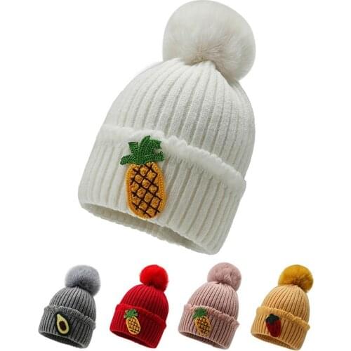 1pc Warm Pom Pom Ball Decor Kids Hat Fruit Pattern Warm Fashion Winter Knit Hat Beanie Cap For Kid Clothing Accessories