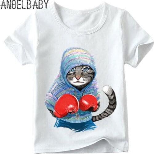 Children Super Cool Boxing Cat Attack Print T shirt Baby Boys/Girls Short Sleeve Summer Tops Kids Great Casual Clothes,HKP5043