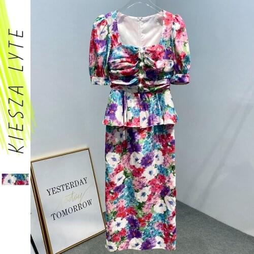 Elegant Women Dress 2020 Autumn Vintage Fake two piece Square Collar Fold Drill Button Slim Waist Printed Party Dresses Vestidos