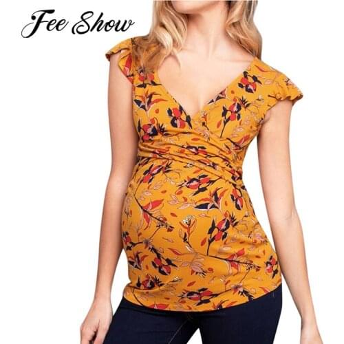 Pregnant Women Maternity Breastfeeding Tees Nursing Tops Floral Blouse Flying Sleeve V-Neck Soft Slim T-shirt Pregnancy Clothing