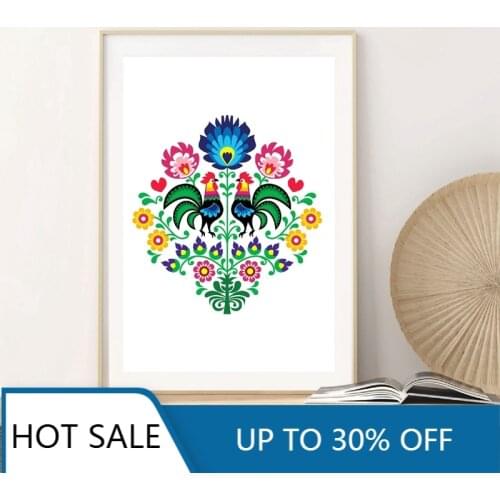 Floral Pattern Artwork Poland Folk Wall Art Canvas Painting Posters Prints Roosters Polish Wall Decor For Aesthetic Home Decor