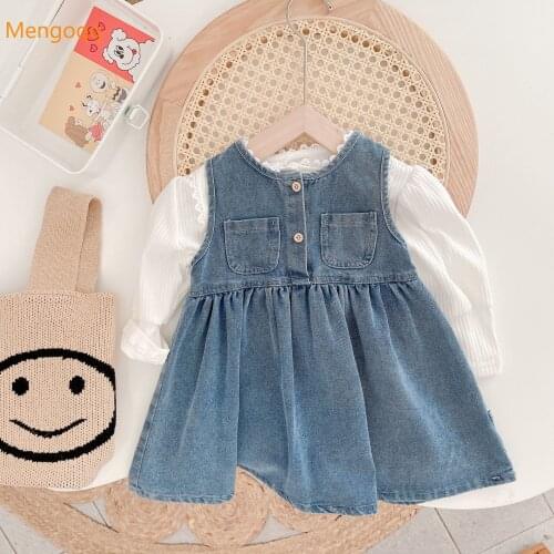 Toddler Kids Baby Girls Clothes Set 2pcs 1-7Y Children Autumn Full Sleeve Solid Top Shirts Denim Off Shoulder Knee-length Dress