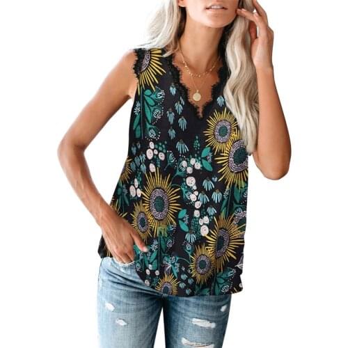 Summer Shirt Women 2021 V-neck Casual Fashion Sleeveless Chiffon Printed T-Shirts Lace Womens Tops And Blouses Off Shoulder Top