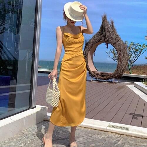 Fashion Summer Vintage Sleeveless Midi Party Dress Ladies Robe Streetwear Elegant Casual Sexy Strap Folds Satin Dress Vacation