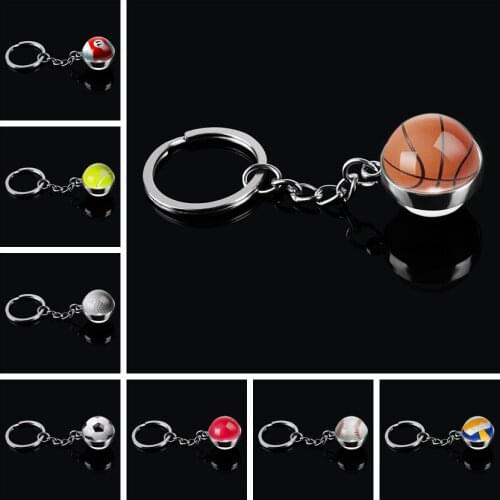 Fashion Glass Ball Keychain Basketball Baseball Football Volleyball Tennis Rugby Softball Picture Glass Pendant Metal Keyring