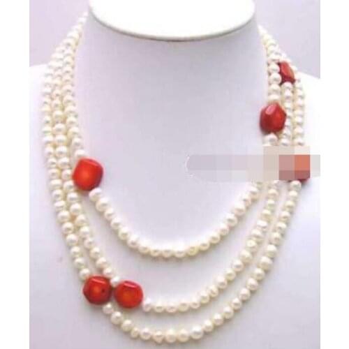 Jewelry Pearl Necklace SALE Long 50" Natural white 7-8mm pearl &Natural Baroque Red Coral Necklace Free Shipping