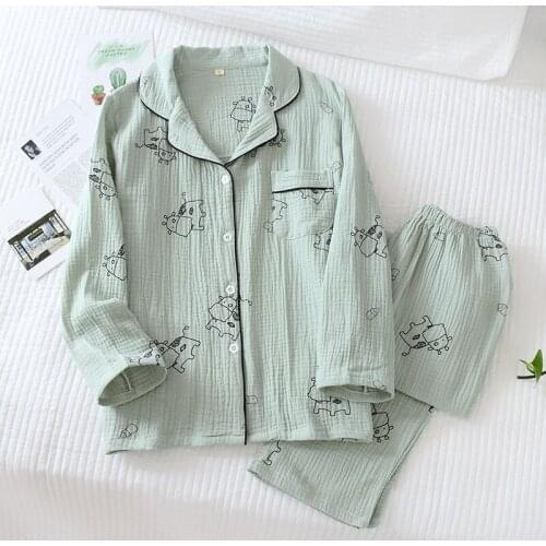 Spring/ Autumn Pajamas Women Pure Cotton Crepe Cartoon Calf Long Sleeve Sleepwear Set Ladies Thin Summer Loose Comfy Home Wear