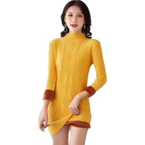 2021 New Autumn Winter Sweater Female Outer Wear Fashion Plus Velvet Warm Knitt Sweater Dress Women MidLength Slim Dresses Lady