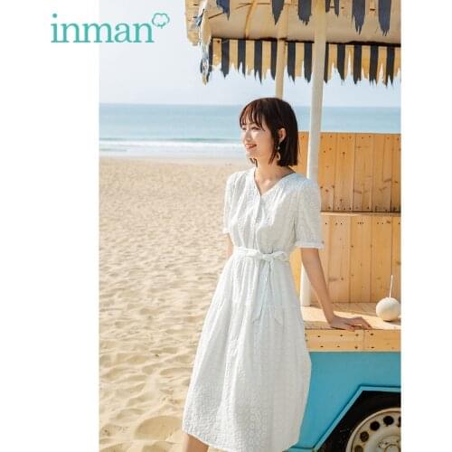 INMAN Summer White Dress Women Lady Elegant Style Beach V-Neck Buttons Stereoscopic Jacquard Stitching Cuffs Droopy One-Piece