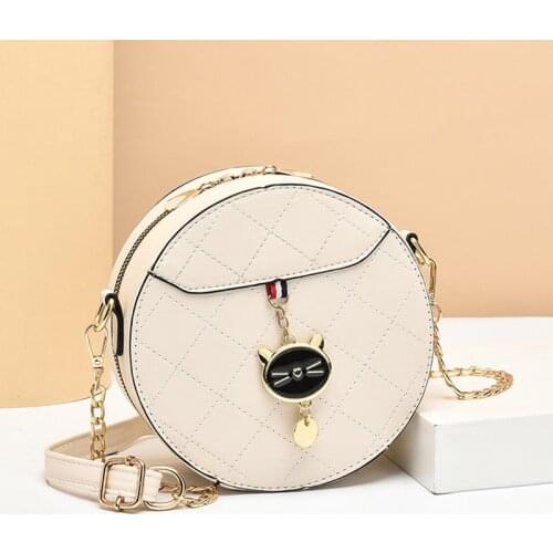 Womens Bag Summer New Fashion Girls Lovely Cat Pendant Small Round Bag Rhombic Embroidered Thread Womens Chain Shoulder Bag