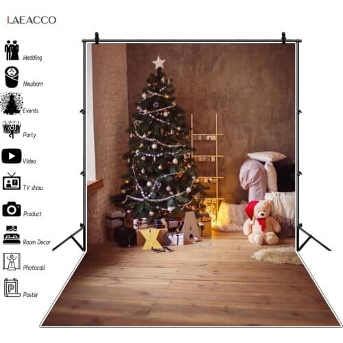 Vinyl Backdrop Photography Christmas Tree Ladder XMAS Baby Toys Rural Wood Floor Baby Interior Photo Background For Photo Studio
