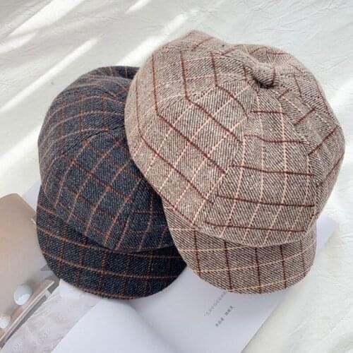 Girls Octagon Hat Beret Hats Fashion Casual Classic Plaid Knitted Vintage Newsboy Women\s Cap Casquette Femme 2020