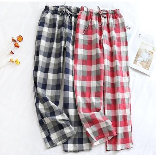 Japanese 2021 spring and autumn couple trousers cotton double gauze mens and womens pants plus size plaid home pajama pants