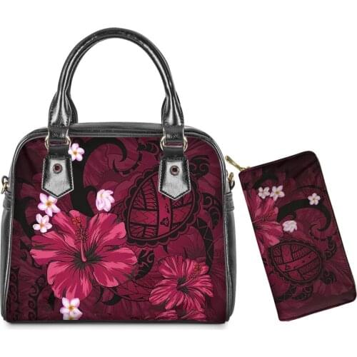 Woman PU Leather Tote Wallet Set Polynesian Messenger Bags Girls Bags Turtle Hibiscus Luxury Design Ladies Top-handle Bags 2021