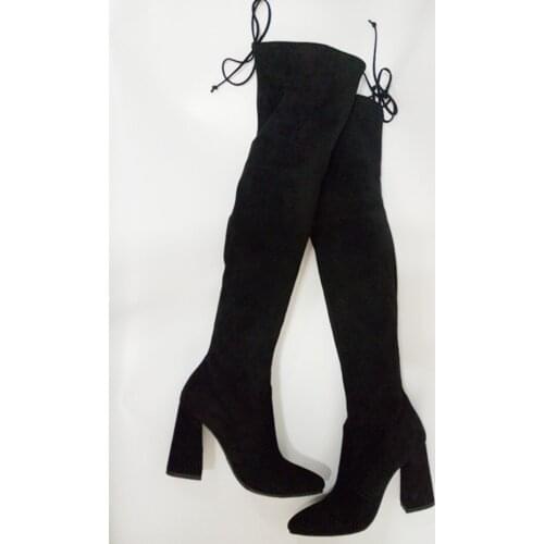 Black Thick heeled woman long boots pointed toe stretch fabric thigh high boots women over the knee high heel boots
