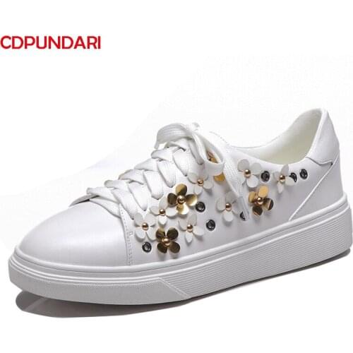2021Fashion White Genuine Leather Flower Flat Platform Shoes For Women Sneakers Spring Summer Casual Flats Botas Planas Mujer