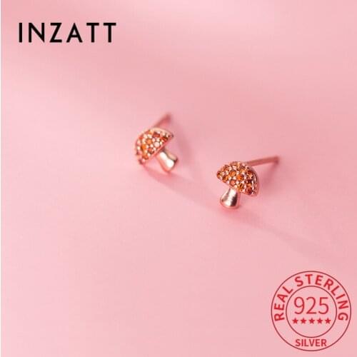 INZATT Real 925 Sterling Silver Zircon Mushroom Stud Earrings For Women 18k Rose Gold Fine Jewelry Accessories Drop Shipping