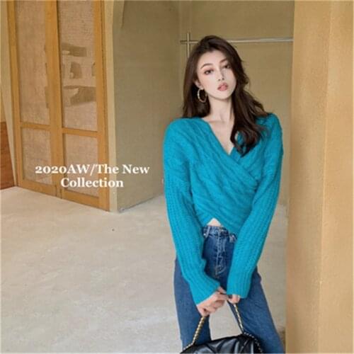 Women Casual Sweater Autumn Winter Korean Solid Cross V-neck Long Sleeve Extra Short Knitwear 2020 Fashion Clothes Tide 5Rd01