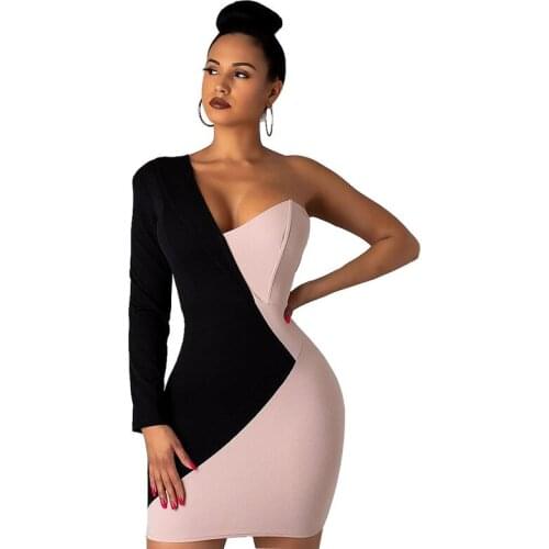 Women Elegant Dress Bodycon Long Sleeve One Shoulder Evening Party Club Mini Sexy Dresses Patchwork Ladies Clothes Fashion 2019