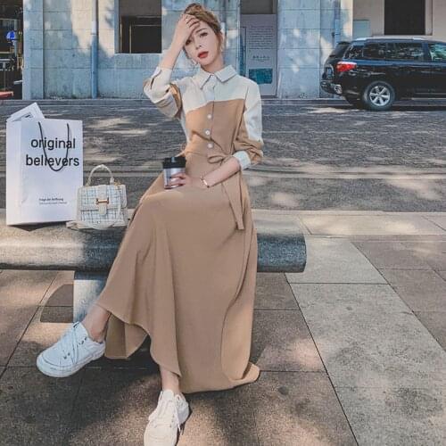 2021 Spring Casual Patchwork Full Sleeve Women Dress Maxi Button Up Turn-Down Collar Shirt Dresses Chic Plus Size Female Robe