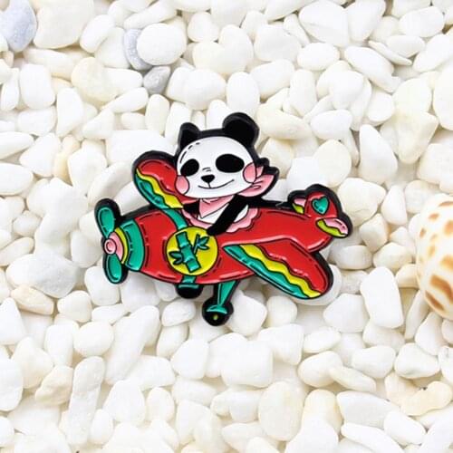 1 PC Fly an airplane panda Enamel Brooch Fun animal Red plane Bamboo Cartoon Lapel Pin Gifts for children Badge accessories