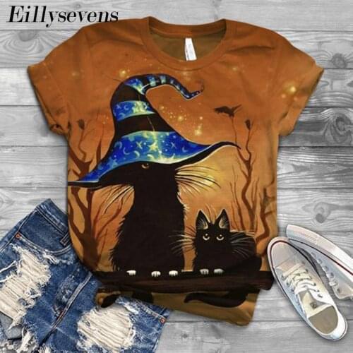 2020 T Shirt Short Sleeve Halloween Tops Tees Femme Camisetas Verano Mujer Black Cat Witch Hat Tshirt Cat Women Funny