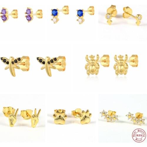 Aide 925 Sterling Silver Purple Black Zircon Dragonfly Spider Stud Earrings For Women Hand Gesture Ear Studs Rock Punk Jewelry