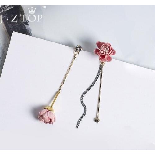Beautiful Rhinestone Stud Earrings Both Sides Asymmetric Large Flower Chains Crystal Tassel Earrings Women Fashion Jewelry