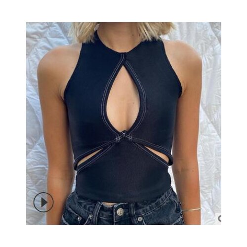 Sexy Hollow Out Tank Top Womens Cut Out Camisole Sleeveless Round Neck Contrast Stitch Cropped Tops